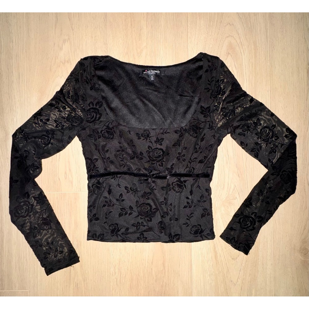 Mixed Threads Black Floral Burnout‎ Mesh Long Sleeve Top Velvet Bow Small